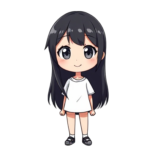1 girl, black hair, white eyes, long hair, t shirt, cheerfull expresision, anime style, very detailed, sprite, more details, stilised