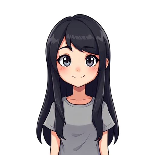 1 girl, black hair, white eyes, long hair, t shirt, cheerfull expresision