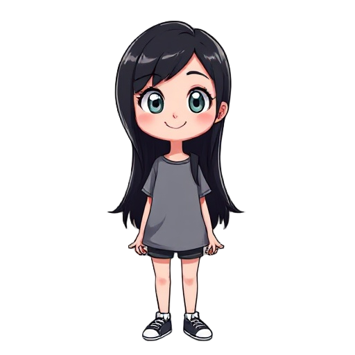 1 girl, black hair, white eyes, long hair, t shirt, cheerfull expresision