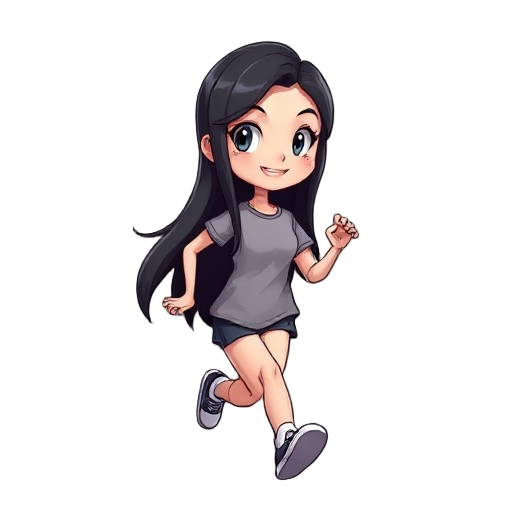 1 girl, black hair, white eyes, long hair, t shirt, cheerfull expresision, running
