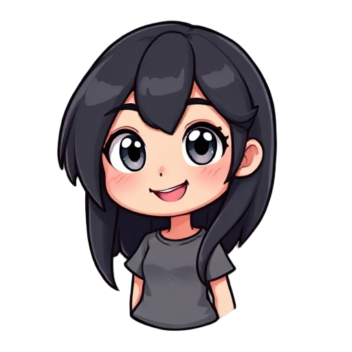 1 girl, black hair, white eyes, long hair, t shirt, cheerfull expresision