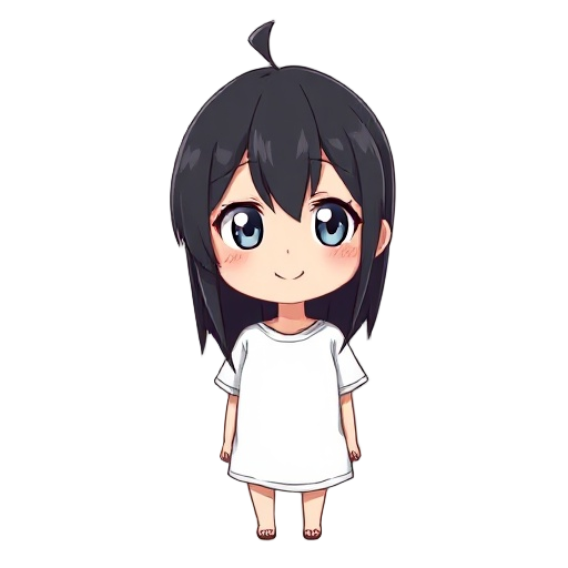 1 girl, black hair, white eyes, long hair, t shirt, cheerfull expresision, anime style, very detailed, sprite, more details