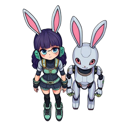 a cyberpunk girl and her robot bunny companion