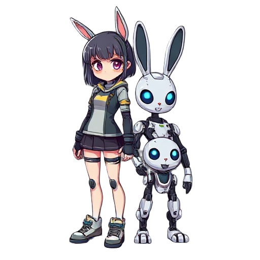 a cyberpunk girl and her robot bunny companion