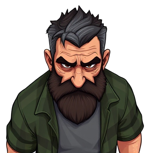 a rugged middle-aged man with a weathered face showing deep lines and scars, short graying dark brown hair, and a thick beard with hints of gray. his eyes are intense and tired, conveying a mix of toughness and sadness. he wears a worn-out green flannel s