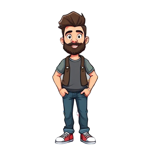 create a young male character with a beard who works in a skateboard store