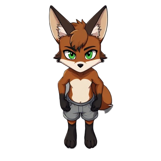 male anthropomorphic fox, 5'10" tall, 18 years old, pensive, ears folded back. eyes are green with vertically slit pupils. hands, paws, and outside of ears have black fur. walks upright. wears shorts