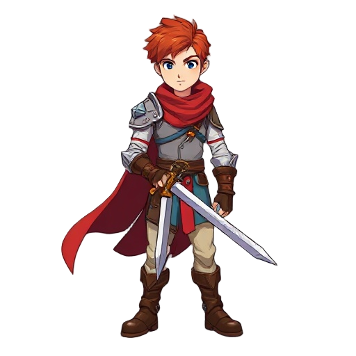 a red-haired male swordsman，he wears light armor with a shoulder guard, a blue or white tunic, leather boots, and a red scarf flowing behind him. he carries a one-handed sword 