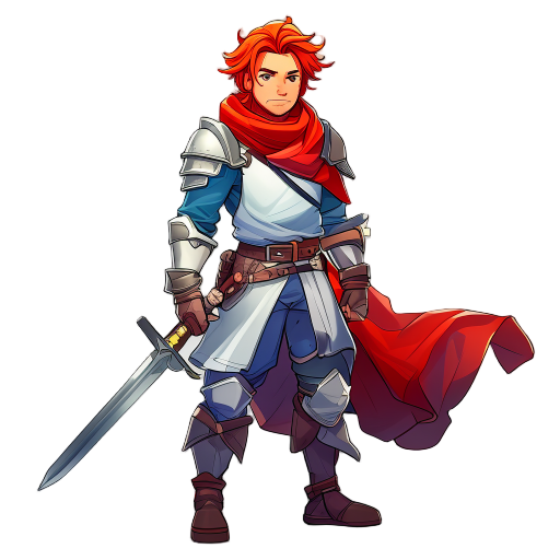 a red-haired male swordsman，he wears light armor with a shoulder guard, a blue or white tunic, leather boots, and a red scarf flowing behind him. he carries a one-handed sword 