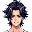 final fantasy tactics inspired portrait of a man with black hair with white streaks, white skin and purple eyes, smiles- looking heroic