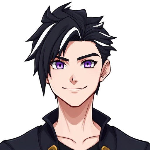 final fantasy tactics inspired portrait of a man with black hair with white streaks, white skin and purple eyes, smiles- looking heroic