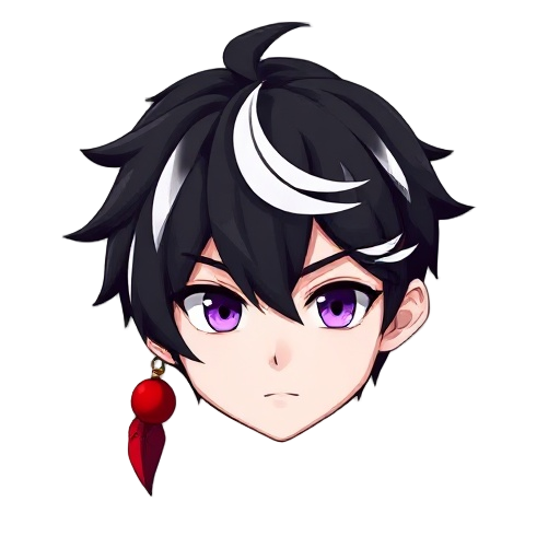 black hair with white streaks, white skin and purple eyes. hair has a bang that covers his right eye and he has a single earring that is a red orb with a feather attached to it