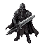 epic knight in weathered armor, tattered cloak billowing in the wind, wielding a massive two-handed sword. dark, heroic, battle-worn, with a presence that commands awe and fear.