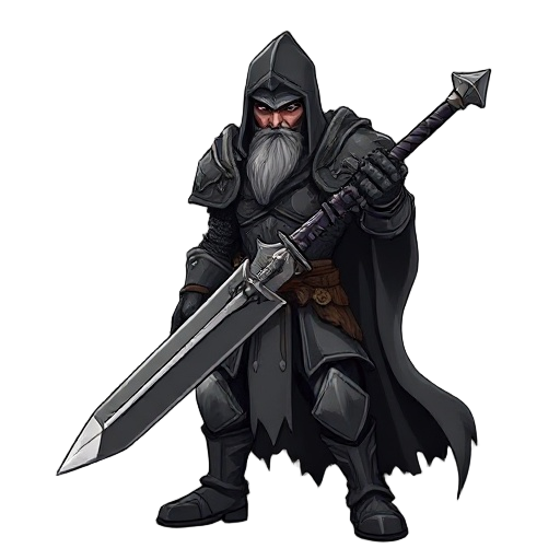 epic knight in weathered armor, tattered cloak billowing in the wind, wielding a massive two-handed sword. dark, heroic, battle-worn, with a presence that commands awe and fear.