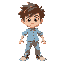 2d boy with messy brown hair, light blue shirt, and gray pants. determined expression, big eyes, cartoonish style. dynamic pose, ready to jump or run. transparent background. 2d platformes game