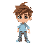 2d boy with messy brown hair, light blue shirt, and gray pants. determined expression, big eyes, cartoonish style. dynamic pose, ready to jump or run. transparent background.