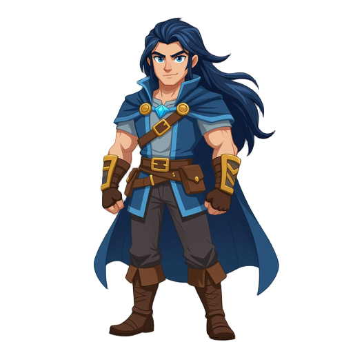 cool main character, male, dark hair, long, blue eyes, cool, strong, powerful