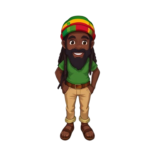 character of a rastafarian man, 2d sprite style, wearing a green t-shirt, beige pants, brown sandals, and a red-yellow-green rasta beanie. dark skin, long dreadlocks, full beard, friendly face. retro game aesthetic, front-facing 
