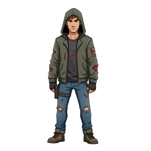 guy in a hooded jacket and jeans, post-apocalypse