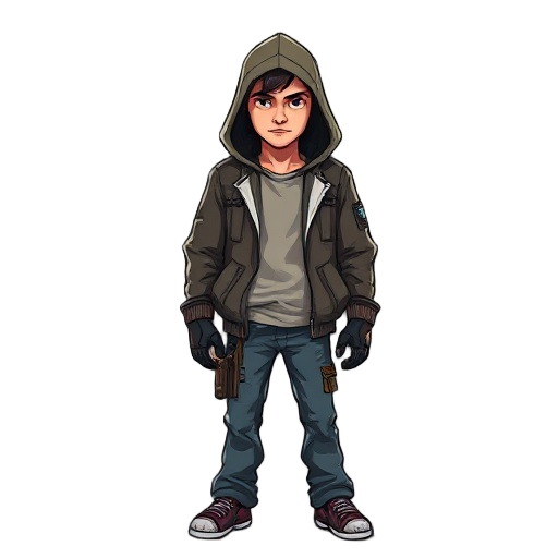 guy in a hooded jacket and jeans, post-apocalypse