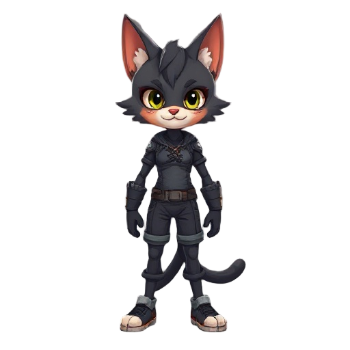 uma personagem com orelhas de gato, alta, roupas coladas e armadura preta