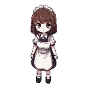 top-down 2d rpg sprite of a shy, cute character with brown waist-length hair, bangs, and a slightly gloomy vibe. wearing a maid-style outfit with an apron, around 170cm tall, facing forward