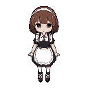 top-down 2d rpg sprite of a shy, cute character with red eyes, brown waist-length hair, no hairband, and a slightly gloomy vibe. wearing a maid-style outfit with an apron, around 170cm tall, forward