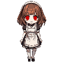 shy, cute character with red eyes, brown hair reaching down to the waist, and a slightly gloomy vibe. wearing a maid-style outfit with an apron and no maid headdress, around 170cm tall, facing forward