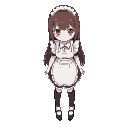 shy, cute character with red eyes, brown hair reaching down to the waist, and a slightly gloomy vibe. wearing a maid-style outfit with an apron and no maid headdress, around 170cm tall, facing forward