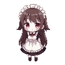 shy, cute character with red eyes, brown hair reaching down to the waist, and a slightly gloomy vibe. wearing a maid-style outfit with an apron and no maid headdress, around 170cm tall, facing forward