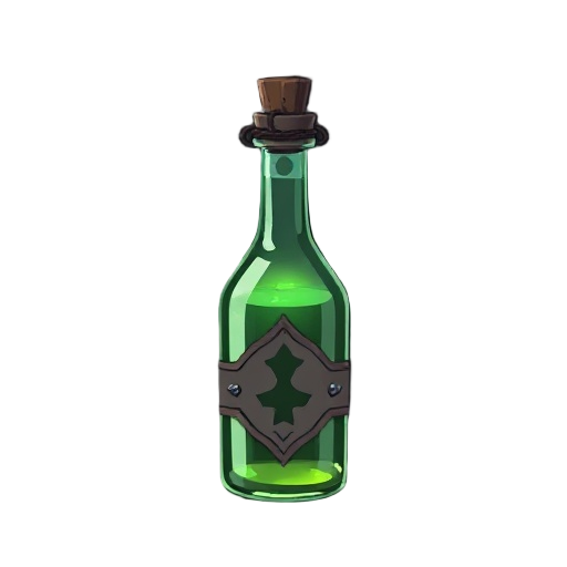 healing potion in dark retro style for a sc fi dark fantasy game make it more 2d and use old beer bottles of osjecko as inspo