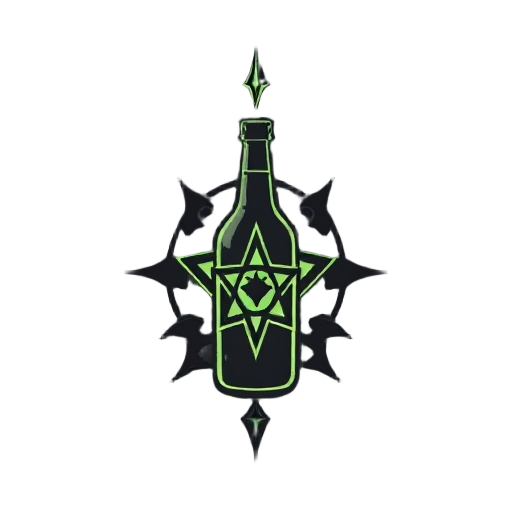 sigil in dark retro style for a sc fi dark fantasy game make it more 2d and use old beer bottles of osjecko as inspo would be used as healing a character