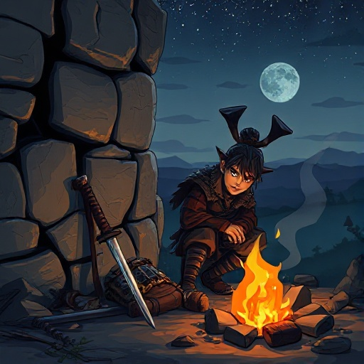 a battle-worn samurai resting beside a cracked stone wall after a long battle, leaning tiredly near a small campfire at night. his katana lies next to him, slightly reflecting the firelight. the wall behind him has visible cracks, and through the broken p