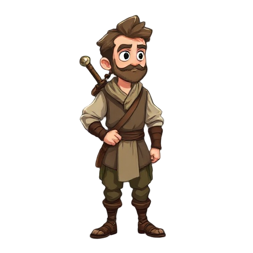 a guy who has old clothes and a wooden sword and who looks to the right side along with his body