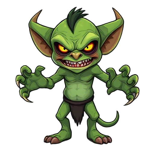 a goblin with a bad menacing look and the eyes of a killer and his hands with fangs, not very tall