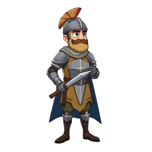 a knight who has no armor, only old clothes and a wooden sword, and who looks to the right side along with his body