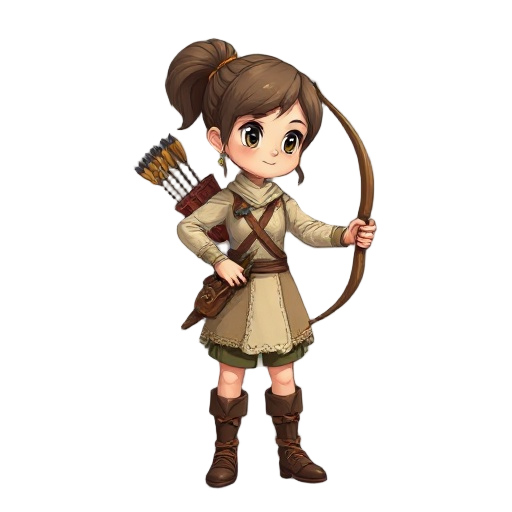 archer girl who has old clothes wooden bow and behind her a bag for arrows and who looks only to the right side with the body