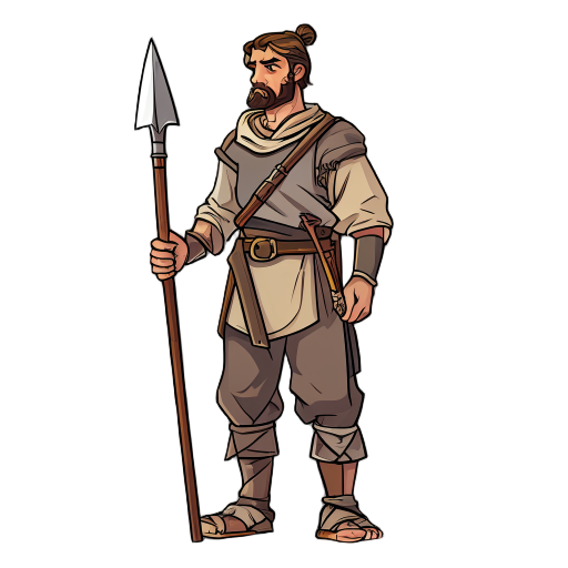 a spearman with old clothes and a regular long spear who looks to the right