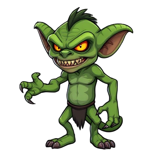 a goblin with a bad menacing look and the eyes of a killer and his hands with fangs, not very tall, who looks to the right