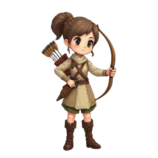 archer girl who has old clothes wooden bow and behind her a bag for arrows and who looks only to the right side with the body