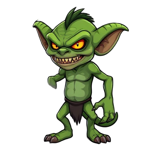 a goblin with a bad menacing look and the eyes of a killer and his hands with fangs, not very tall, who looks to the right