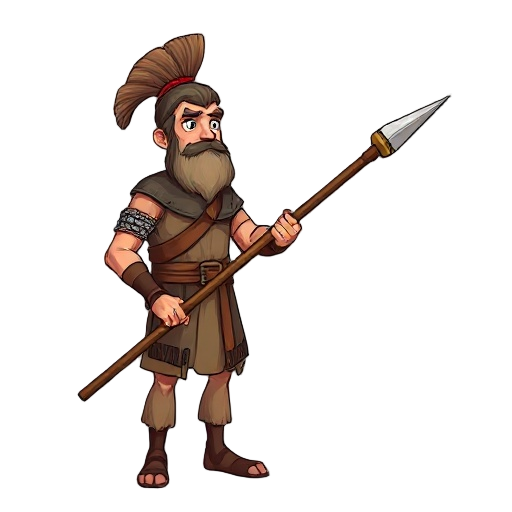 a spearman with old clothes and a regular long spear who looks to the right