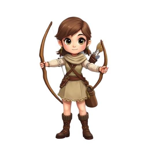 archer girl who has old clothes wooden bow and a bag for arrows behind her