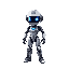 crie uma arte 2d do robô a.r.i.a., branco metálico com núcleo azul brilhante e visor digital, em estilo plataforma lateral. mostre poses: idle, walk, run, jump, double jump, hook, painel, push/pull, hit, desligamento e respawn. fundo transparente, estilo 