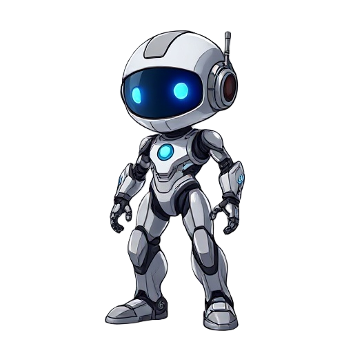 crie uma arte 2d do robô a.r.i.a., branco metálico com núcleo azul brilhante e visor digital, em estilo plataforma lateral. mostre poses: idle, walk, run, jump, double jump, hook, painel, push/pull, hit, desligamento e respawn. fundo transparente, estilo 