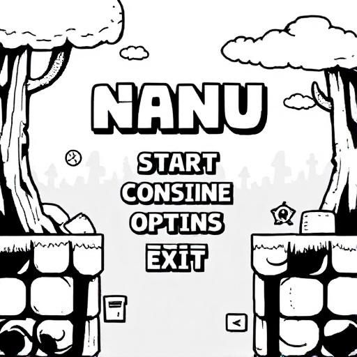 generate a menu of a game in 1bit(black and white) it must contain the start, continue, options, exit buttons. 
