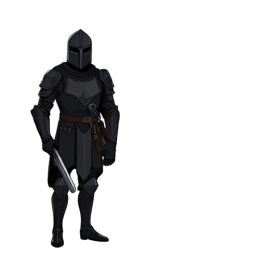 the character is a male knight in black dark plate armor with realistic human proportions. 