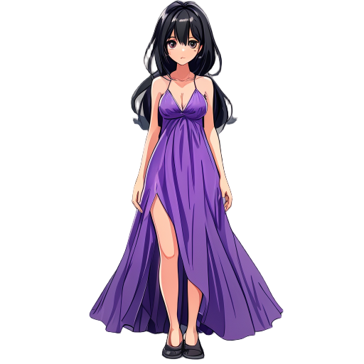 anime girl with black hair in a swaying purple dress