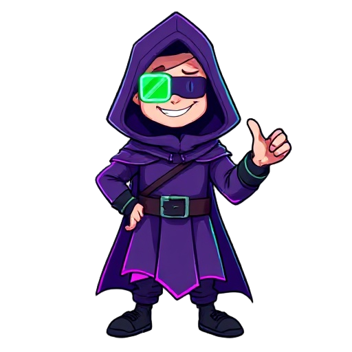 a cheerful digital mage in a deep purple hooded cloak with neon glitch edges (purples, greens, pinks), a rectangular green ar lens over his left eye, standing confidently with swirling binary code mag