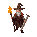 supreme fire mage old man with hat and cloak and a staff in flames and a long sword in flames
